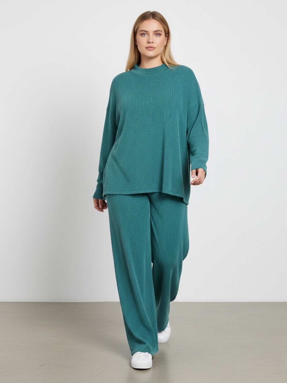 1632P • Plus Teal Soft Wavy Ribbed Relaxed Fit Long Sleeve Lounge Set